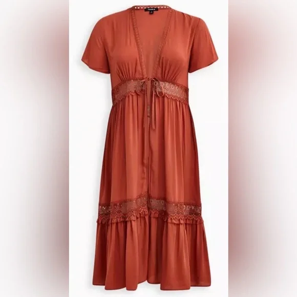 Torrid Duster Length Kimono Tie Front Lace Details in Orange Rust Size 2X - Picture 7 of 15